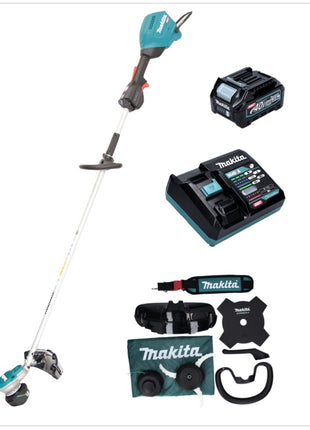 Makita UR 003 GD101 débroussailleuse à batterie 40 V brushless IPX4 + batterie 2,5 Ah + chargeur + bandoulière + tête de couteau + tête de fil + couteau à mouche + sac