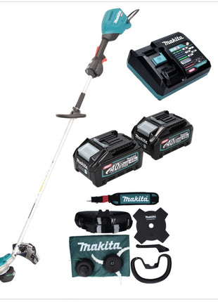 Makita UR 003 GM201 débroussailleuse à batterie 40 V sans balais IPX4 + 2x batteries 4,0 Ah + chargeur + bandoulière + tête de couteau + tête de fil + couteau à mouche + sac