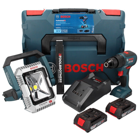 Bosch GSB 18V-55 Professional Akku Schlagbohrschrauber 18 V 55 Nm Brushless + 2x Akku 2,0 Ah + Ladegerät + L-Boxx + GLI 18 V-1900 Akku Baustellen Lampe + Toolbrothers Gliedermaßstab