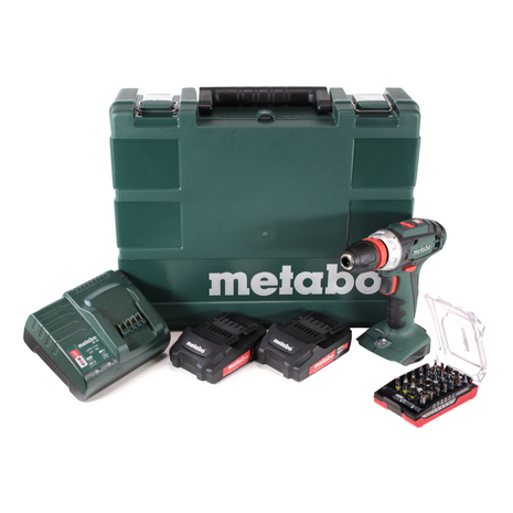 Metabo BS 18 Quick perceuse-visseuse sans fil 18 V 48 Nm + 2 batteries 2,0 Ah + chargeur + jeu d'embouts 32 pièces + coffret