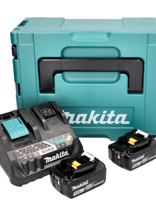 Kit de fuente de alimentación Makita de 18 V con 2 baterías BL 1850 B de 5,0 Ah (2x 197280-8) + cargador multirápido DC 18 RE (198720-9) + Makpac