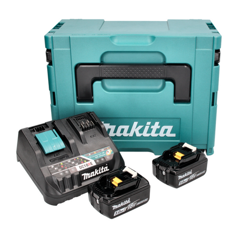 Kit de fuente de alimentación Makita de 18 V con 2 baterías BL 1850 B de 5,0 Ah (2x 197280-8) + cargador multirápido DC 18 RE (198720-9) + Makpac