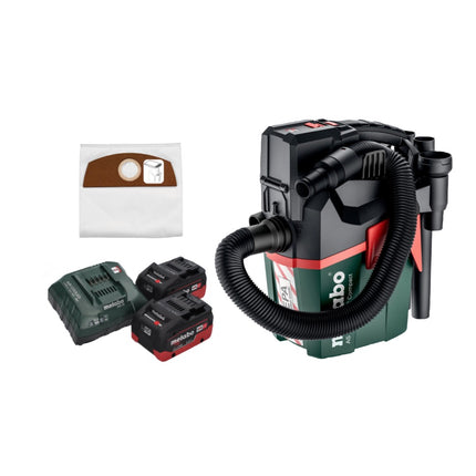 Metabo AS 18 HEPA PC Aspirateur à batterie compact 18 V Aspirateur eau et poussière 6 l avec fonction soufflante + 2x batteries 5,5 Ah + chargeur + 5x sacs filtrants