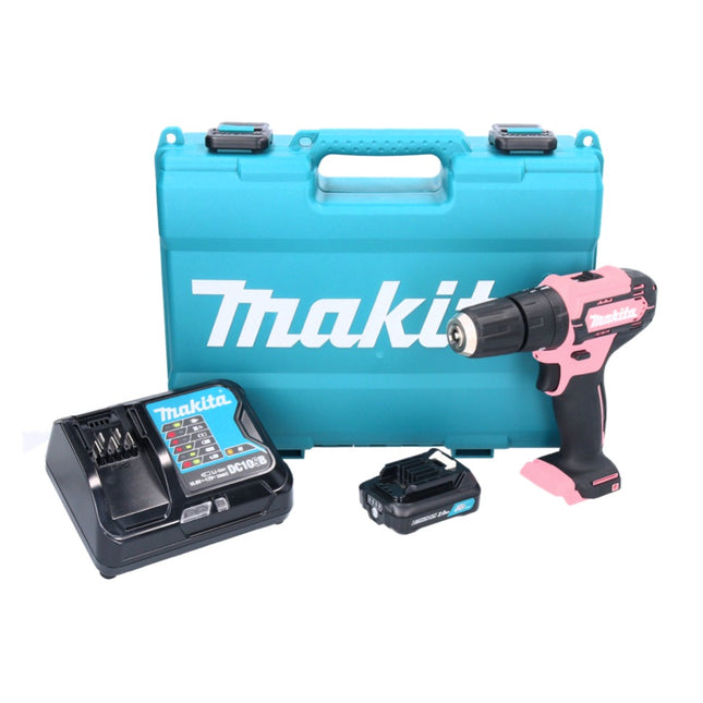 Makita HP 333 DSAP Perceuse-visseuse à percussion sans fil 12 V 30 Nm rosa + 1x Batterie 2,0 Ah + Chargeur + Coffret de transport