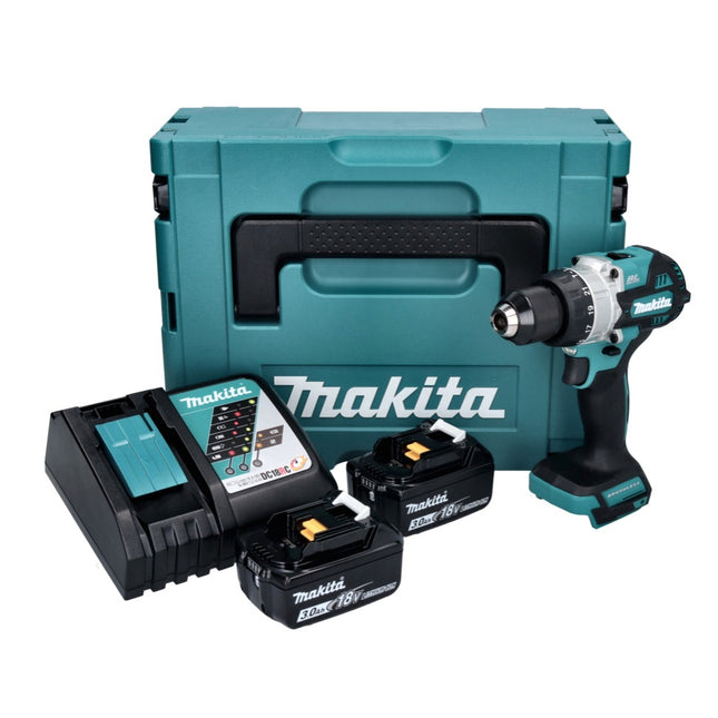 Makita DHP 486 RFJ Perceuse-visseuse à percussion sans fil 18 V 130 Nm Brushless + 2x batterie 3,0 Ah + chargeur + Makpac