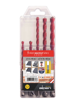 Alpen Profi Multicut SPM Set de forets polyvalents en carbure de tungstène, 5 - 10 mm, SDS Plus, certifié PGM - 5 pièces.