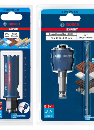 Bosch EXPERT Juego básico de sierra perforadora para materiales resistentes, 25 x 60 mm, carburo (2608900421), universal + adaptador de cambio de corriente (2608900526)