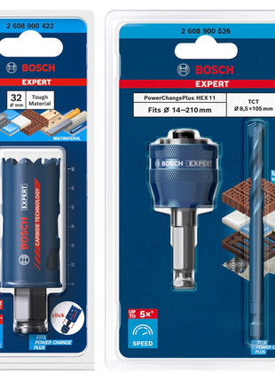 Juego básico de sierra perforadora Bosch EXPERT Tough Material de carburo de 32 x 60 mm (2608900422) Universal + adaptador de cambio de corriente (2608900526)