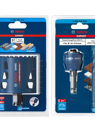 Bosch EXPERT Juego básico de sierra perforadora para materiales resistentes, 67 x 60 mm, carburo (2608900432), universal + adaptador de cambio de corriente (2608900526)