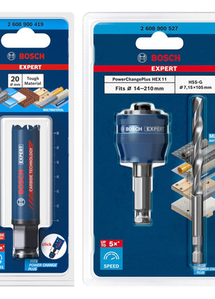 Bosch EXPERT Juego básico de sierra perforadora para materiales resistentes, 20 x 60 mm, carburo (2608900419), universal + adaptador de cambio de corriente (2608900527)