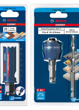 Bosch EXPERT Juego básico de sierra perforadora para materiales resistentes, 25 x 60 mm, carburo (2608900421), universal + adaptador de cambio de corriente (2608900527)