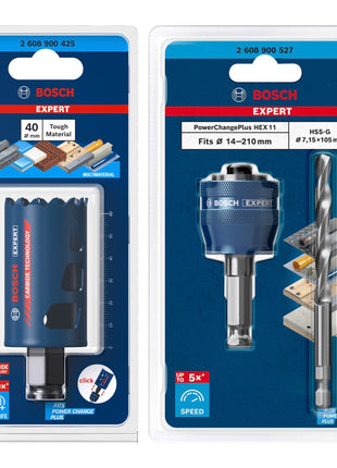 Bosch EXPERT Juego básico de sierra perforadora para materiales resistentes, carburo de 40 x 60 mm (2608900425) universal + adaptador de cambio de corriente (2608900527)