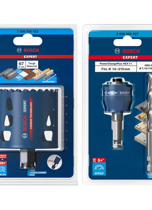 Bosch EXPERT Juego básico de sierra perforadora para materiales resistentes, 67 x 60 mm, carburo (2608900432), universal + adaptador de cambio de corriente (2608900527)