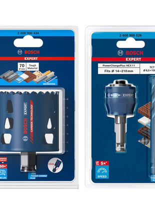 Bosch EXPERT Juego básico de sierra perforadora para materiales resistentes, carburo de 70 x 60 mm (2608900434), universal + adaptador de cambio de corriente (2608900526)