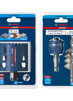 Bosch EXPERT Juego básico de sierra perforadora para materiales resistentes, carburo de 70 x 60 mm (2608900434), universal + adaptador de cambio de corriente (2608900527)