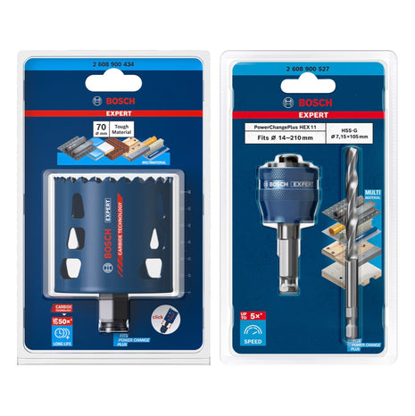 Bosch EXPERT Juego básico de sierra perforadora para materiales resistentes, carburo de 70 x 60 mm (2608900434), universal + adaptador de cambio de corriente (2608900527)