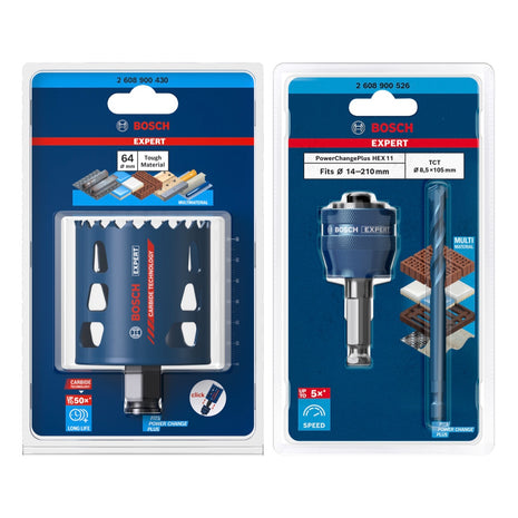 Bosch EXPERT Tough Material Lochsägen Starter Set 64 x 60 mm Carbide ( 2608900430 ) Universal + Power Change Adapter ( 2608900526 ) - Toolbrothers