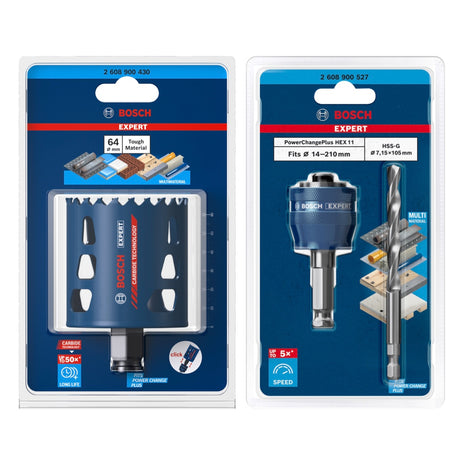 Bosch EXPERT Juego básico de sierra perforadora para materiales resistentes, 64 x 60 mm, carburo (2608900430), universal + adaptador de cambio de corriente (2608900527)