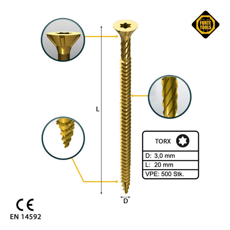 FORTE Tools Tornillo universal para madera 3,0 x 20 mm T10 500 piezas (000051399462) cabeza avellanada Torx galvanizada amarilla rosca completa