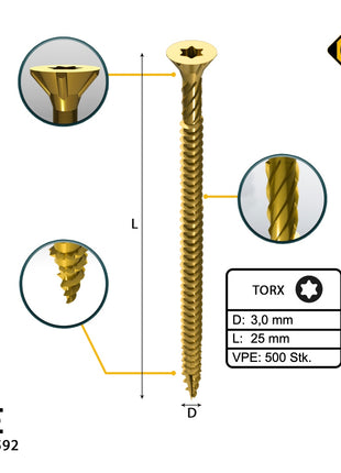 FORTE Tools Vis à bois universelle 3,0 x 25 mm T10, Argent galvanisé, Tête fraisée Torx, Filetage total, 500 pcs. (000051399463)