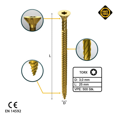 FORTE Tools Tornillo universal para madera 3,0 x 25 mm T10 500 piezas (000051399463) cabeza avellanada Torx galvanizada amarilla rosca completa