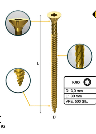 FORTE Tools Tornillo universal para madera 3,0 x 30 mm T10 500 piezas (000051399464) cabeza avellanada Torx galvanizada amarilla rosca completa