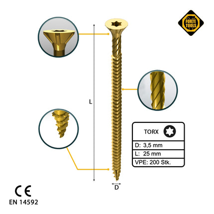 FORTE Tools Vis à bois universelle 3,5 x 25 mm T15, Galvanisée jaune, Tête fraisée Torx, Filetage total, 200 pcs. (000051399467)
