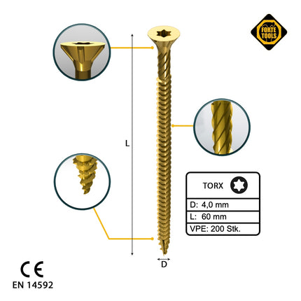 FORTE Tools Vis à bois universelle 4,0 x 60 mm T20, Galvanisée jaune, Tête fraisée Torx, Filetage total, 200 pcs. (000051399476)