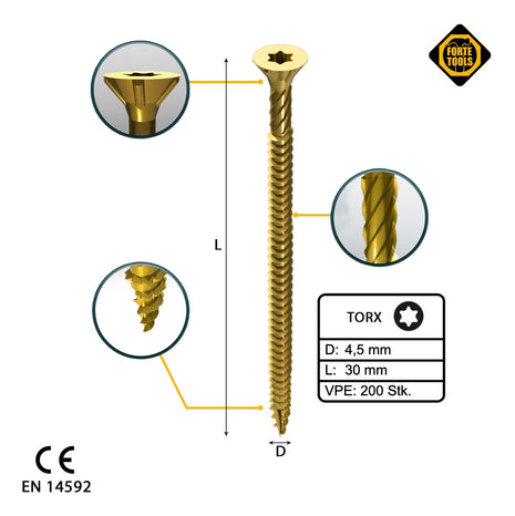 FORTE Tools Tornillo universal para madera 4,5 x 30 mm T20 200 piezas (000051399477) cabeza avellanada Torx galvanizada amarilla rosca completa