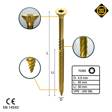 FORTE Tools Tornillo universal para madera 4,5 x 50 mm T20 200 piezas (000051399479) cabeza avellanada Torx galvanizada amarilla rosca parcial