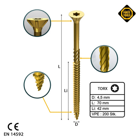 FORTE Tools Vis à bois universelle 4,5 x 70 mm T20, Galvanisée jaune, Tête fraisée Torx, Filetage partiel, 200 pcs. (000051399481)