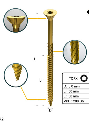 FORTE Tools Vis à bois universelle 5,0 x 50 mm T25 200 pièces (000051399486) tête fraisée Torx galvanisée jaune filetage partiel