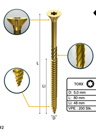 FORTE Tools Vis à bois universelle 5,0 x 80 mm T25, Galvanisée jaune, Tête fraisée Torx, Filetage partiel, 200 pcs. (000051399489)