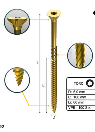 FORTE Tools Vis à bois universelle 6,0 x 100 mm T30, Galvanisée jaune, Tête fraisée Torx, Filetage partiel, 100 pcs. (000051399491)