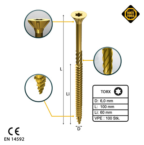 FORTE Tools Vis à bois universelle 6,0 x 100 mm T30, Galvanisée jaune, Tête fraisée Torx, Filetage partiel, 100 pcs. (000051399491)