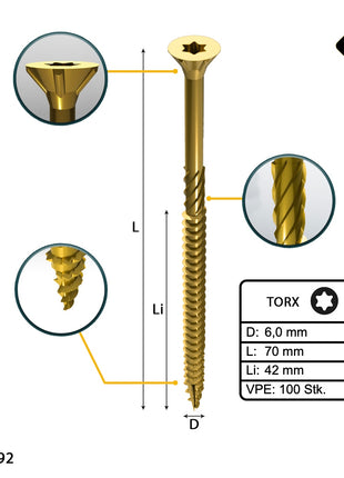 FORTE Tools Vis à bois universelle 6,0 x 70 mm T30, Galvanisée jaune, Tête fraisée Torx, Filetage partiel, 100 pcs. (000051399495)