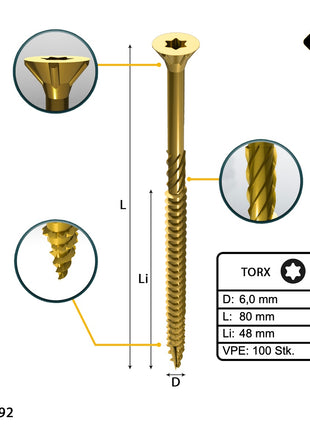 FORTE Tools Vis à bois universelle 6,0 x 80 mm T30, Galvanisée jaune, Tête fraisée Torx, Filetage partiel, 100 pcs. (000051399496)