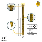 FORTE Tools Vis à bois universelle 6,0 x 180 mm T30, Galvanisée jaune, Tête fraisée Torx, Filetage partiel, 50 pcs. (000051399500)