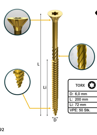 FORTE Tools Vis à bois universelle 6,0 x 200 mm T30, Galvanisée jaune, Tête fraisée Torx, Filetage partiel, 50 pcs. (000051399501)