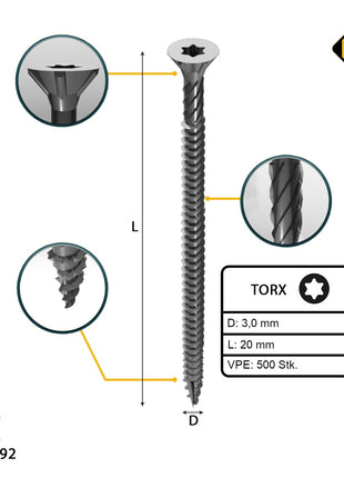 FORTE Tools Vis à bois universelles 3,0 x 20 mm T10, Argent galvanisé, Tête fraisée Torx, Filetage total, 500 pcs. (000040113857)