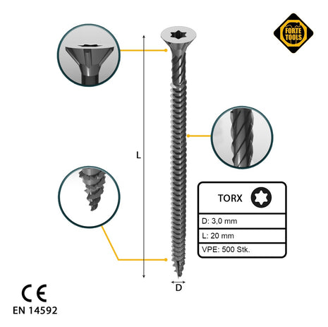 FORTE Tools tornillo universal para madera 3,0 x 20 mm T10 500 piezas (000040113857) galvanizado plateado cabeza avellanada Torx rosca completa