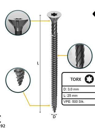 FORTE Tools Vis à bois universelle 3,0 x 25 mm T10, Argent galvanisé, Tête fraisée Torx, Filetage total, 500 pcs. (000040113858)