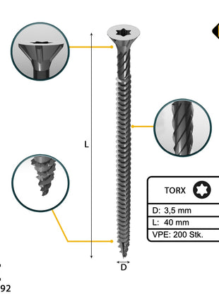 FORTE Tools Vis à bois universelle 3,5 x 40 mm T15, Argent galvanisé, Tête fraisée Torx, Filetage total, 200 pcs. (000040113865)