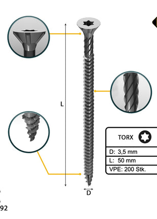 FORTE Tools Universal Holzschraube 3,5 x 50 mm T15 200 Stk. ( 000040113866 ) silber verzinkt Torx Senkkopf Vollgewinde