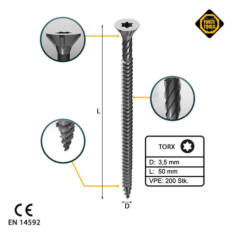 FORTE Tools Vis à bois universelle 3,5 x 50 mm T15, Argent galvanisé, Tête fraisée Torx, Filetage total, 200 pcs. (000040113866)