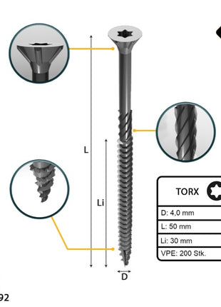 FORTE Tools Vis à bois universelle 4,0 x 50 mm T20 - 200 pièces (000040113870) zingué argent Torx tête fraisée filetage partiel