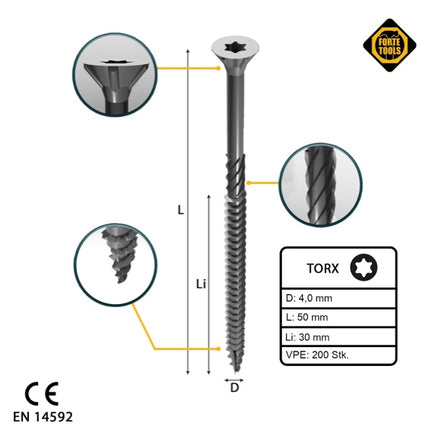 FORTE Tools Vis à bois universelle 4,0 x 50 mm T20 - 200 pièces (000040113870) zingué argent Torx tête fraisée filetage partiel