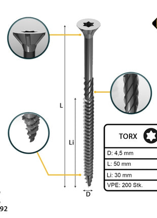 FORTE Tools Vis à bois universelle 4,5 x 50 mm T20, Argent galvanisé, Tête fraisée Torx, Filetage partiel, 200 pcs. (000040113874)