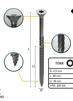 FORTE Tools Vis à bois universelle 4,5 x 60 mm T20, Argent galvanisé, Tête fraisée Torx, Filetage partiel, 200 pcs. (000040113875)