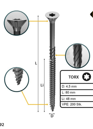 FORTE Tools Vis à bois universelle 4,5 x 80 mm T20, Argent galvanisé, Tête fraisée Torx, Filetage partiel, 200 pcs. (000040113877)